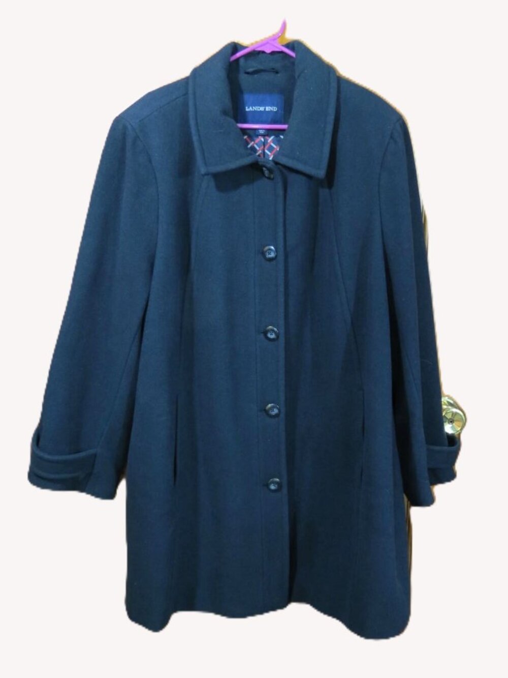 Lands' End Women's Navy Wool Button Front Pea Coat Jacket Cuffed Sleeve Size 26W